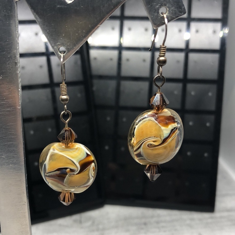Sterling silver marbled murano style art glass bead earrings statement dangle.